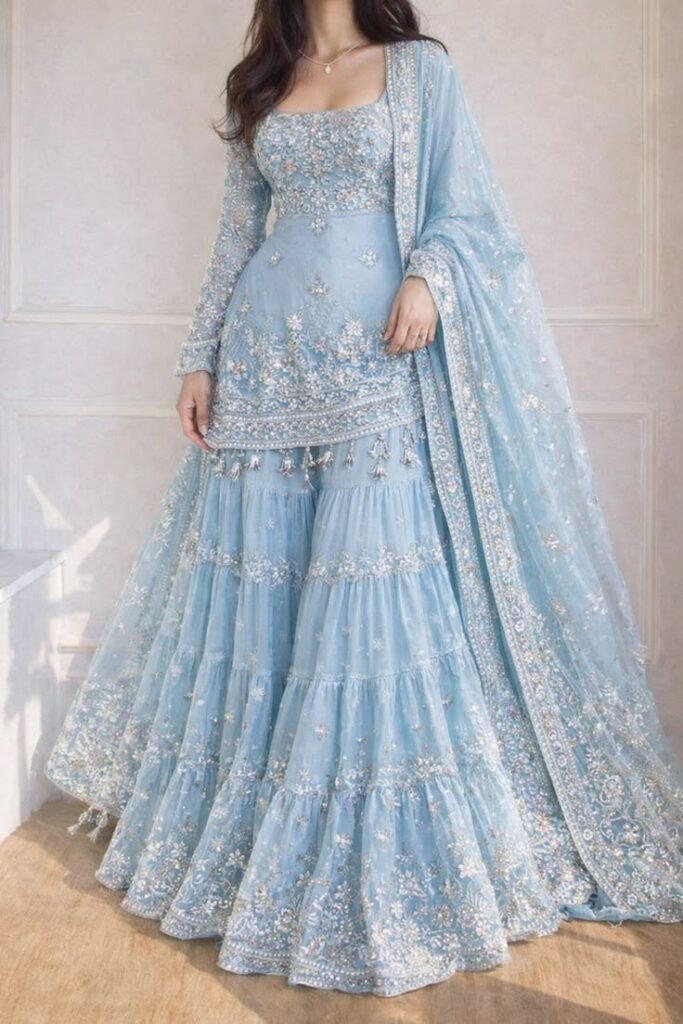 A Dreamy Ice Blue Sharara Set Crafted With… 683x1024