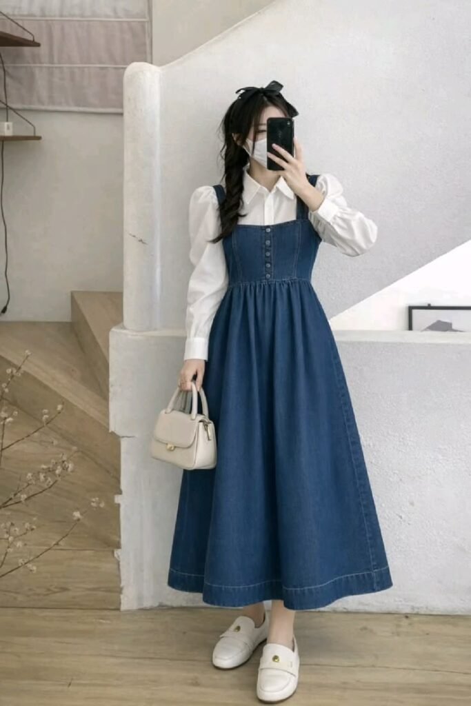 Denim Pinafore Dress With White Shirt – Cute Casual Outfit Idea 1 683x1024