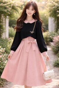 elegant pink midi dress with black crop top outfit idea