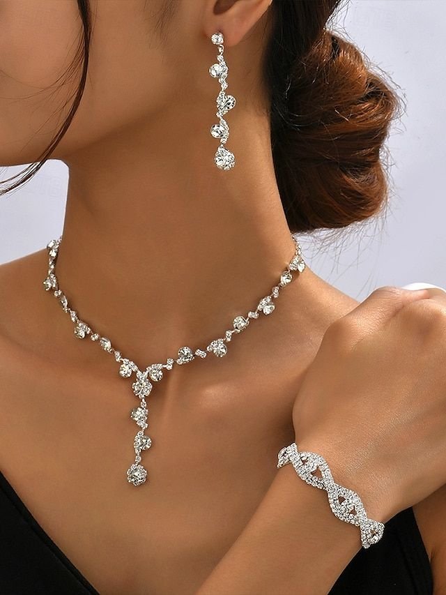 Elegant Rhinestone Jewelry Set For Women Includes Necklace Earrings And Bracelet Perfect For Weddings Parties And Formal Events 2026 14 99