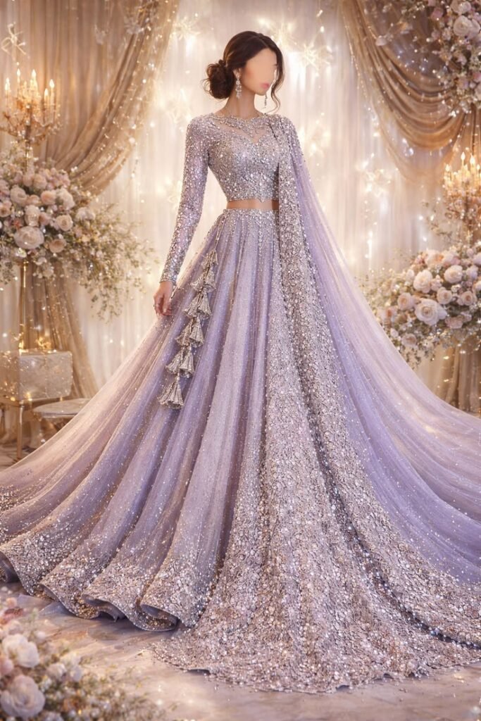 ethereal lavender bridal lehenga ✨ modern modest look with embellished flowing dupatta