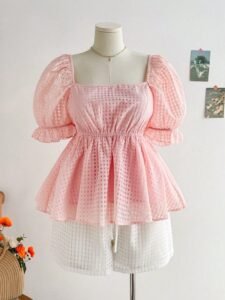 holiday pastoral romantic pink puff sleeves ruffle hem woven jacquard square collar plus size top