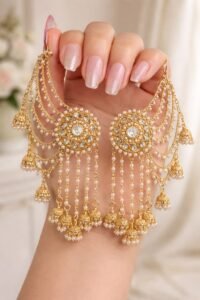 luxury gold pearl jhumka earrings close up bridal kundan earrings hand shot