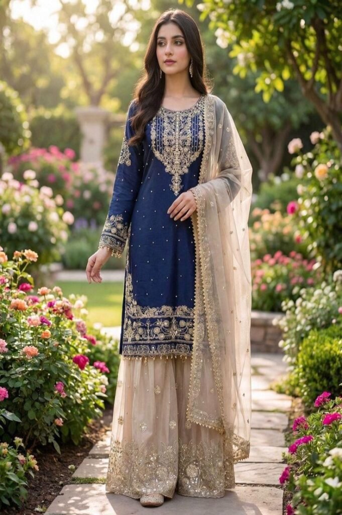marineblau bestickte seide kurta plazzo set mit… (1)