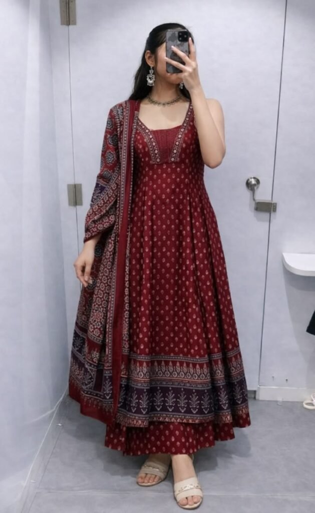 Maroon Rayon Printed Anarkali Kurta Set With Dupatta Elegant Ethnic Wear For Women 629x1024