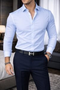 men’s light blue shirt with navy pants style 2026 elegant formal outfit for men