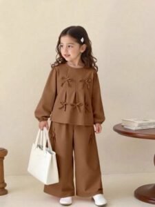 shein playful pals 2pcs set young girl fashionable & sweet bow decor top + wide leg pants outfit, spring autumn shein
