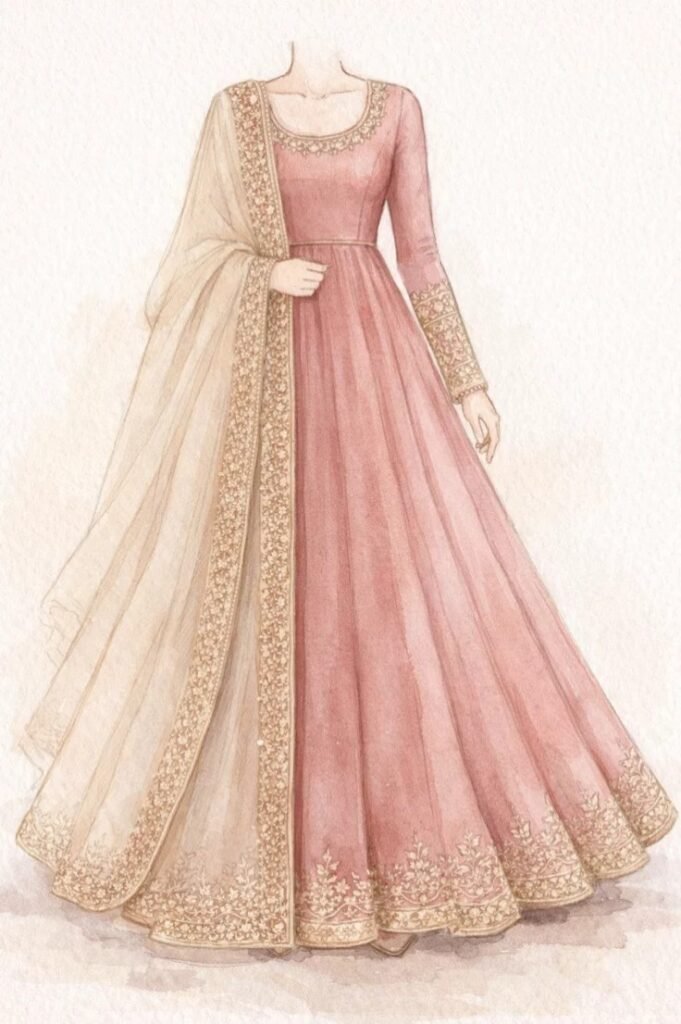 soft pink anarkali with elegant full sleeve border… (1)