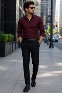 stylish burgundy shirt with black pants men’s urban outfit look in modern city street setting