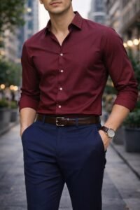 stylish red shirt outfit for men elegant blue pants formal look men fashion 2026