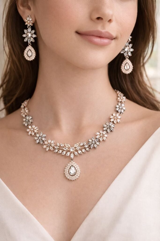 ZENEME Rhodium Plated With Silver Toned Floral Design White American Diamond Studded Jewellery Set 1 683x1024