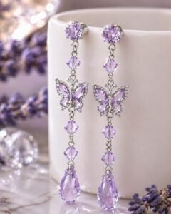 💜elegant purple butterfly crystal drop earrings korean style tassel jewelry
