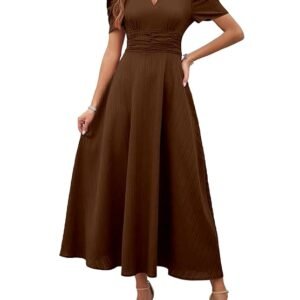 veloura girl's & women's solid color v neck a line maxi dress for women | waist cinched puff sleeve western | elegant casual wear
