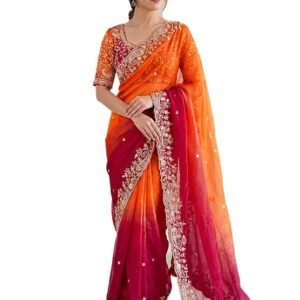 veloura women's shimmer chiffon scalloped border sequins embroidery saree with unstitched blouse piece