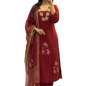anni designer women's rayon viscose straight fit printed embroidered kurta with pant & dupatta | ethnic kurta set for women | daily, office & festive traditional