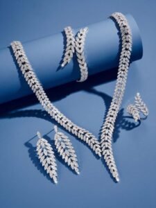 5pcs luxury artificial zirconia plated white gold necklace, bracelet, earrings, open ring jewelry set for women, gorgeous jewelry gift for date