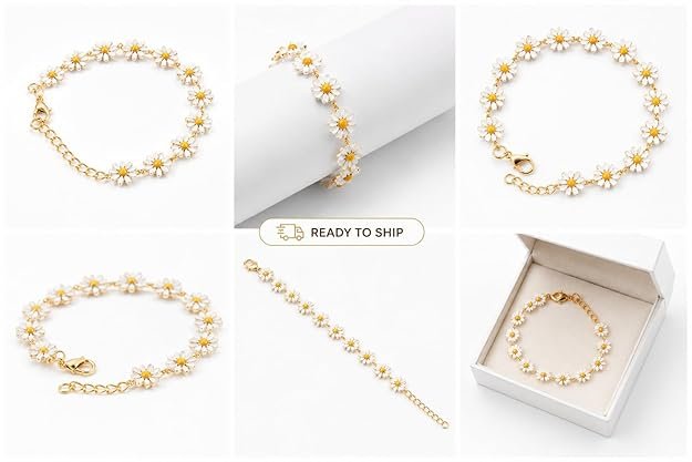 korean style daisy flower charm bracelet for women & girls | adjustable gold plated floral bracelet | premium lightweight fashion jewelry korean style daisy flower charm bracelet for women & girls | adjustable gold plated floral bracelet | premium lightweight fashion jewelry