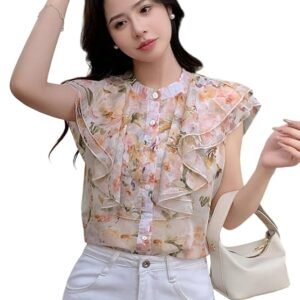 women floral puff sleeve shirt with collared neck