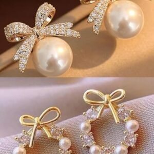 korean style fashion earrings set, pearl and crystal bow design,