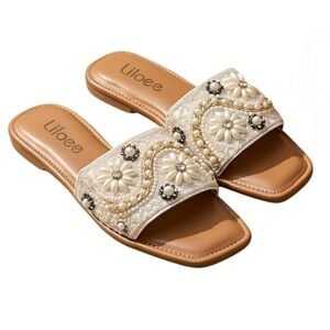 pearl and floral embellished flat sandal for women, fancy slip on flats