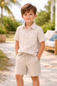 boys 2 piece summer outfit – textured button front shirt & shorts