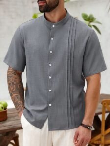 Best Mandarin Collar Pleated Short-Sleeve Shirt for Men's best mandarin collar pleated short-sleeve shirt for men