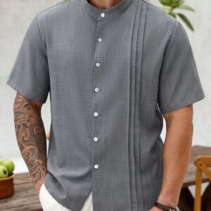best mandarin collar pleated short sleeve shirt for men's