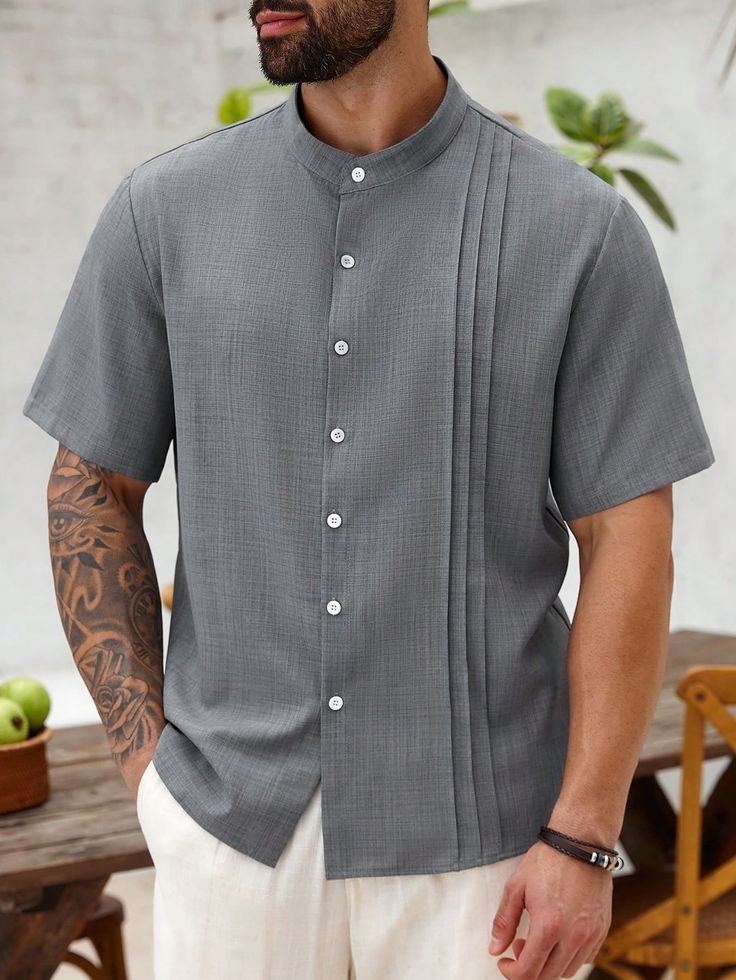 best mandarin collar pleated short sleeve shirt for men's best mandarin collar pleated short sleeve shirt for men's