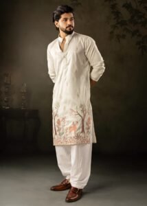 cream white rayon printed kurta pajama set with fine embroidery s