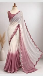 Elegant dual tone ombre chiffon saree with scalloped mirror work border