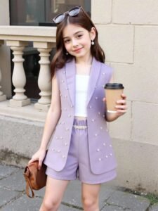 elegant girls pearl detail 3 piece outfit – vest, top & shorts set