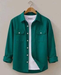 emerald green button down shirt outfit men’s casual layering style minimal fashion