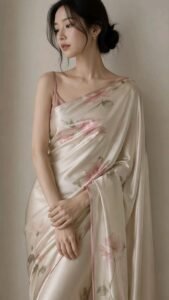 ivory satin silk floral print saree with blush pink border