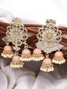 kundan studded peach meena triple jhumki earrings