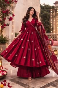 maroon anarkali suit with heavy printed dupatta