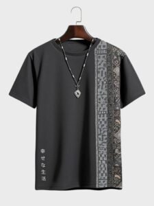 mens japanese vintage print patchwork crew neck short sleeve t shirts
