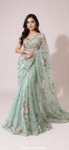 mint green floral embroidered saree – custom made net designer saree etsy