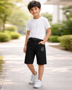 puppet nx boys typographic print denim shorts (black)