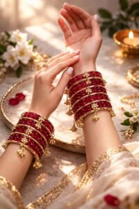 red glass bridal bangles set with gold charms traditional indian chooda festive wedding jewelry