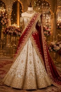 royal velvet bridal lehenga saree ✨ luxury indian wedding couture in red & gold