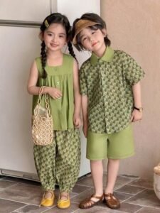 shein genkimix kids 2pcs little girls casual green sleeveless top and leaf print loose pants set, spring summer