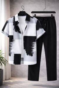 stylish men’s printed shirt & black pant set trendy casual outfit