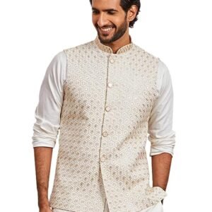 vastramay men’s embroidered nehru jacket — stylish ethnic waistcoat for festive, wedding, and party wear.
