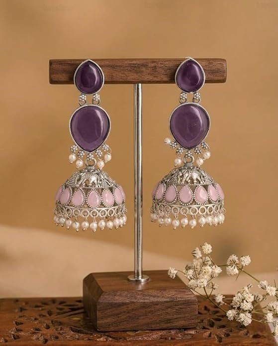 oxidised silver jhumka earrings with purple stones, pink teardrop accents and pearl drops oxidised silver jhumka earrings with purple stones, pink teardrop accents and pearl drops