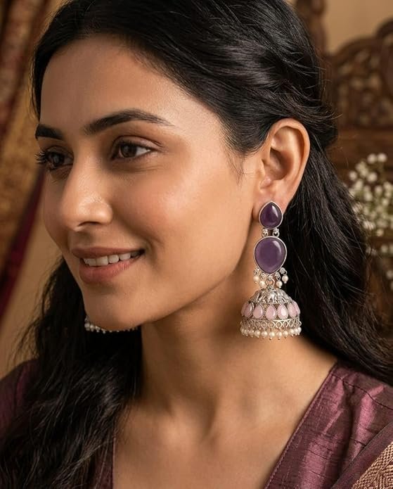 oxidised silver jhumka earrings with purple stones, pink teardrop accents and pearl drops oxidised silver jhumka earrings with purple stones, pink teardrop accents and pearl drops