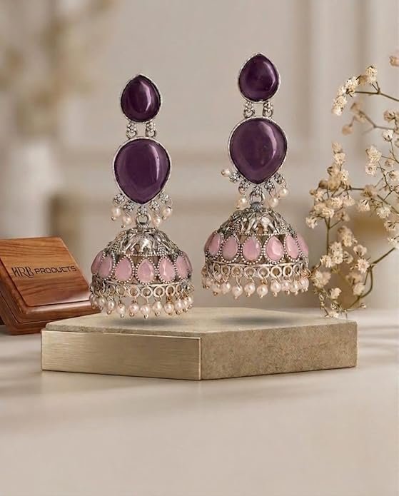 oxidised silver jhumka earrings with purple stones, pink teardrop accents and pearl drops oxidised silver jhumka earrings with purple stones, pink teardrop accents and pearl drops