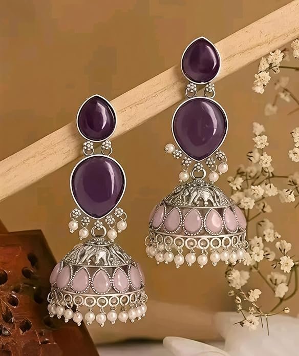 oxidised silver jhumka earrings with purple stones, pink teardrop accents and pearl drops oxidised silver jhumka earrings with purple stones, pink teardrop accents and pearl drops