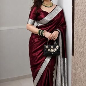 banarasi satin kanjivaram saree wine silver zari pure soft blend silk sari satin women kanchipuram paithani silk party wedding new ladies wine color sadi with blouse piece