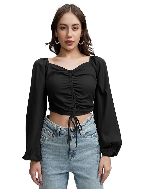 tokyo talkies women's puff long sleeves front pull up tie up crop top tokyo talkies women's puff long sleeves front pull up tie up crop top