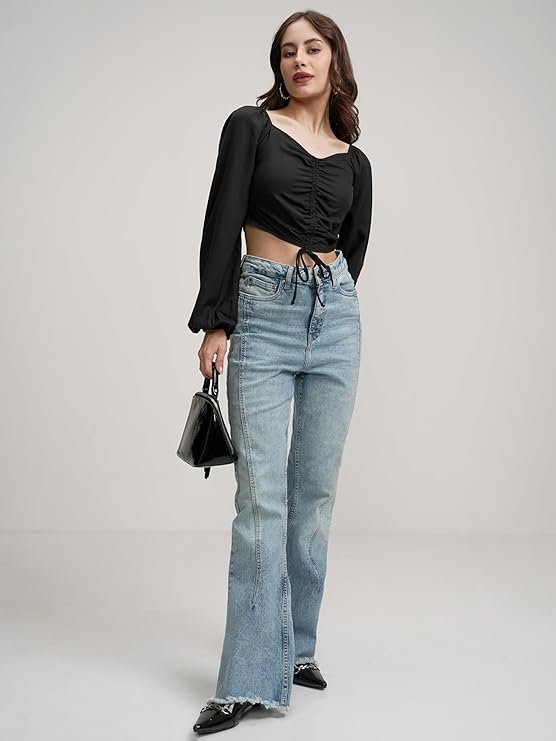 tokyo talkies women's puff long sleeves front pull up tie up crop top tokyo talkies women's puff long sleeves front pull up tie up crop top
